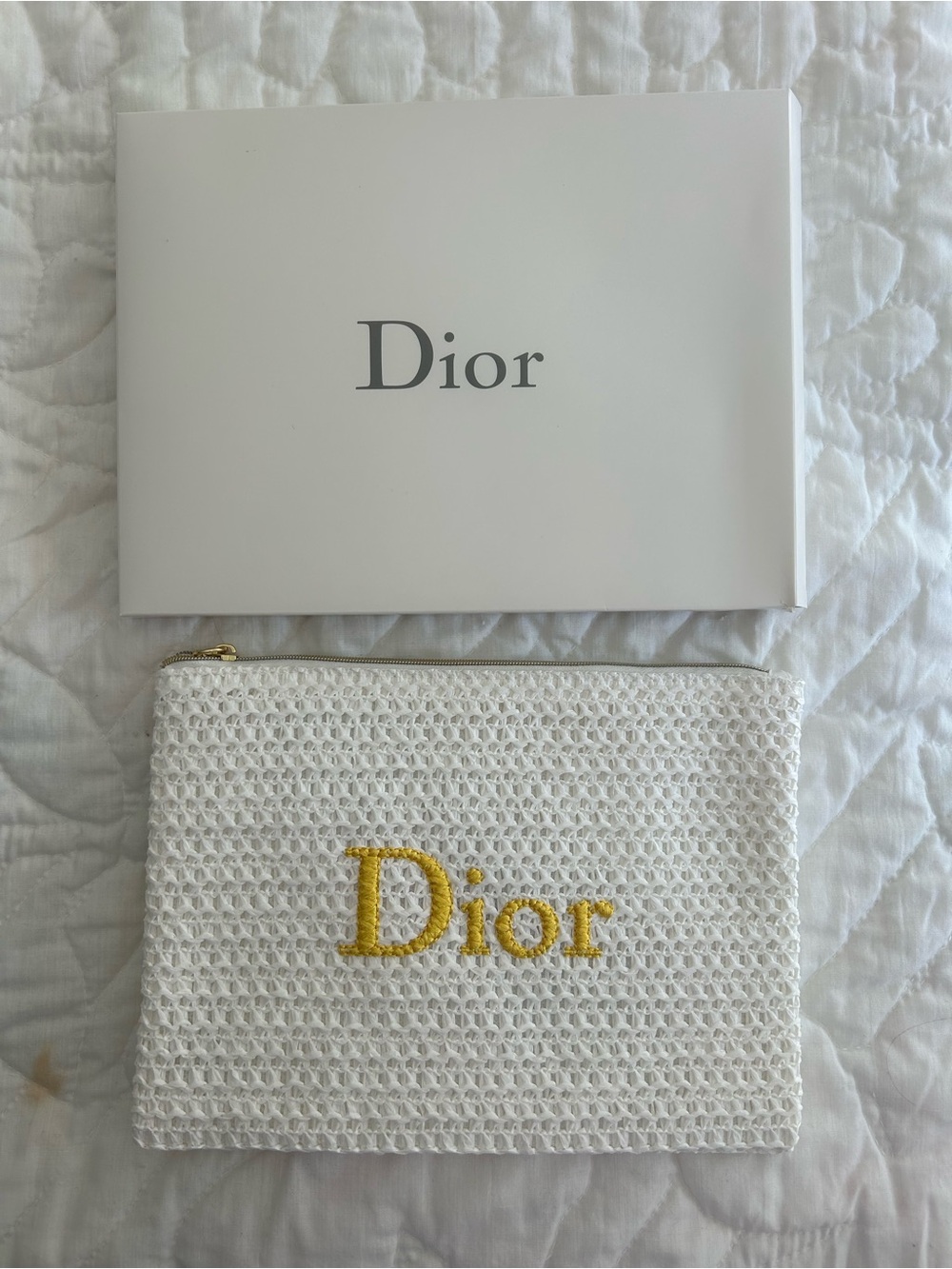 Dior White Woven Pouch with Yellow Dior Embroidery